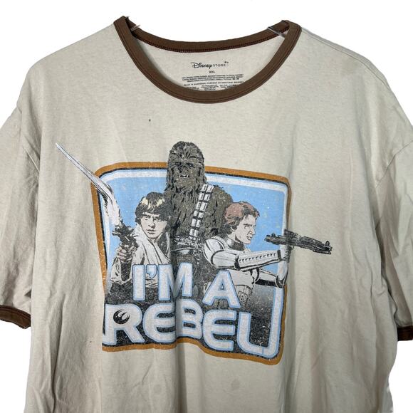 Disney Store Star Wars I'm A Rebel T-Shirt Classic Ringer Tee Tan FLAW Adult 2XL - Picture 3 of 8